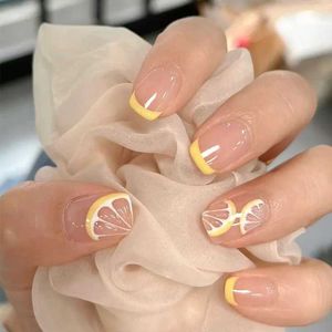 Valse nagels 24 -stcs/set verfrissende citroen korte ronde kist valse nagels meisjes nail art decoratie volledige omslag kunstmatige nep nagels verwijderbare z240531
