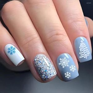 Faux Nails 24pcs / Set Squêt Faux carrés pour les femmes Girls Blanc Blue Conseils Snowflakes Glitters Design Faux Ongles Presse sur Nail Art