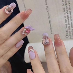 Kunstnagels 24 stks/set vierkante kop Franse pers op paarse strass nep met ontwerp volledige dekking nageltips