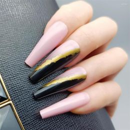 Falsas Nails 24pcs / Set Diseño único Pink Black Press en la uña con aspecto brillante Damas como ataúd de brillo largo para manicura casera