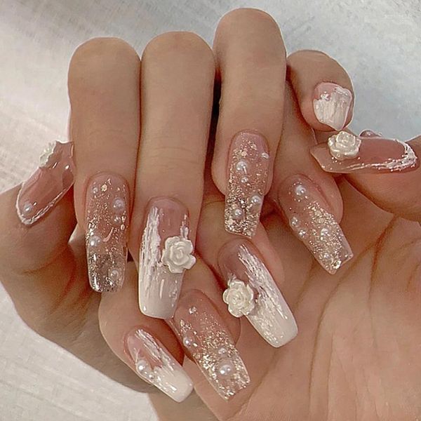 Faux ongles 24 pièces/ensemble Zircon long carré faux ongles presse avec colle ensemble de conception française couverture complète pointe d'art artificiel