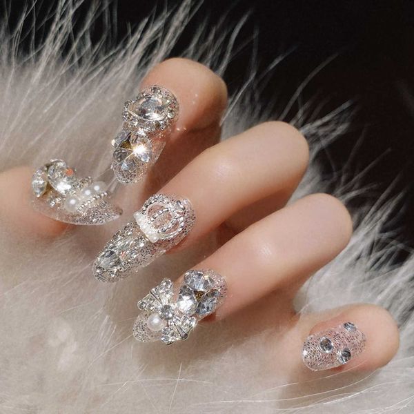 Faux ongles 24pcs / sets mariée mariée faux ongles paillettes cristal perl ringestone nail pots de clou complet