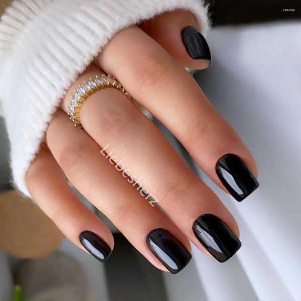 Faux ongles 24pcs brillant noir faux ongles avec gelée colle courte carrée artificielle presse sur bricolage couverture complète outil de manucure