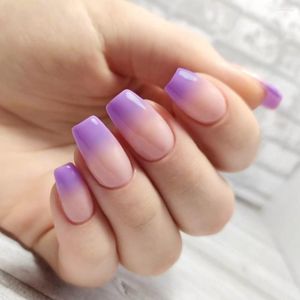 Valse nagels 24 stks glanzende korte ballerina kist nep nagel met jelly lijmgradiënt paarse Frans kunstmatige diy manicure tool