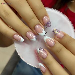 Valse Nagels 24 stks Korte Amandel Eenvoudige Franse Druk Op Glitter Stick-on Nep DIY Manicure Acryl Afneembare Nail Tips