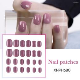 Valse nagels 24-stks korte afgewerkte manicure verwijderbare nep nagelplaat paarse stukken glanzende zelfklevende eig88