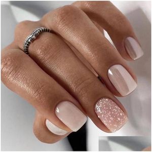 Falsas Nails 24 Unids Corto Francés Rosa Suave Cabeza Redonda Presione En Aurora Sparkling Glitter Artificial Con Dulces Diseños Lindos Drop Deliv Dhj64