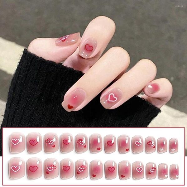 Faux ongles 24pcs presse courte sur la conception de coeur mignon style doux couverture complète avec gelée gel/colle amovible gagner du temps NN