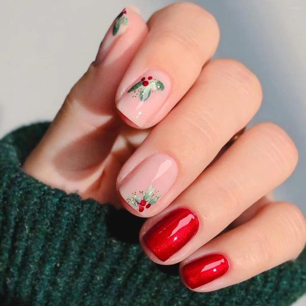 Falsas Nails 24 unids Corto Rojo Falso Navidad Santa Claus Nieve Parche de uñas para niñas Mujeres Consejos usables Regalos de año