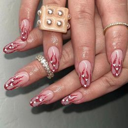Valse nagels 24 stks korte rode vlam glitter draagbare nagelwijk witte liefde neppers op ballerina stiletto acryl