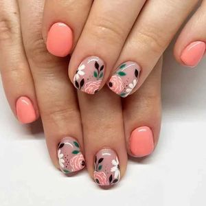 Valse nagels 24 stks korte retro bloem ontwerp nagels kunst manicure roze valse nagels draagbare vierkante nep nagels druk op volledige cover nagel tips z240603