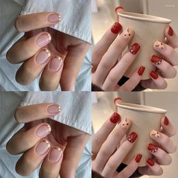 Kunstnagels 24 stuks korte ronde Franse gouden rand kristallen bloemen volledige dekking afneembare nageltips