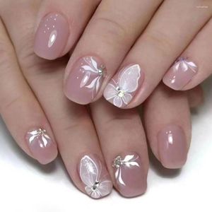 Falsas uñas 24 piezas cortas redondas mariposa blanca cubierta completa puntas de uñas francesas desmontables