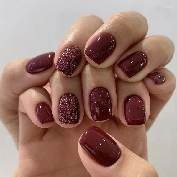 Faux ongles 24 pièces court couleur unie vin rouge faux ongles conseils avec colle paillettes carré/tête ronde portable ballet presse sur