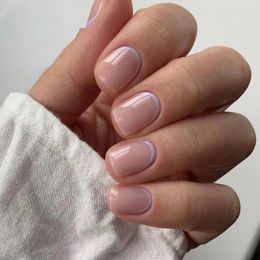 Valse nagels 24 -stks korte vierkante nep Natuurlijke naakt- en lavendelranden ontwerpen Druk op doe -het -zelf manicure nagelstips