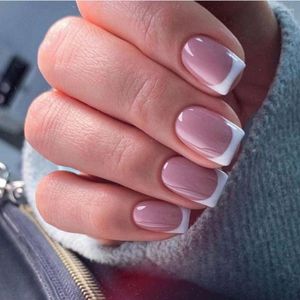 Kunstnagels 24 stuks korte vierkante roze witte kleur Franse rand volledige dekking nep-nials afneembare manicure nageltips