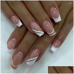 Falsas uñas 24 unids cuadrado corto simple francés prensa falsa en fl er puntas de uñas desmontable diy manicura entrega entrega dhqfm