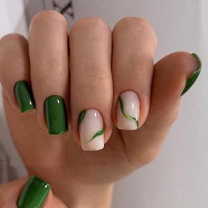 Uñas postizas, 24 Uds., cuadrado corto, verano, flores verdes francesas, diseño ondulado, manicura, cubierta completa, puntas de uñas desmontables falsas