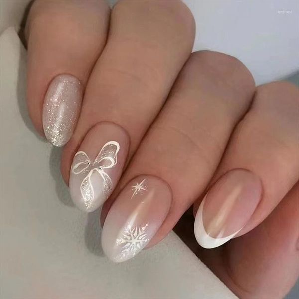 Falsas Nails 24 unids Simple Almendra Falso Oval Blanco Francés Con Arco Diseño De Copo De Nieve Prensa Acabada Usable En Las Puntas De Las Uñas