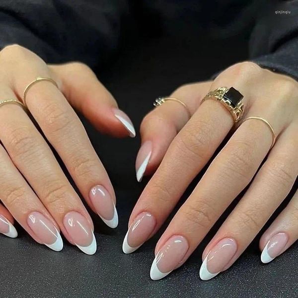 Faux ongles 24pcs simple amande brillant blanc français Stiletto faux détachable ovale couverture complète presse sur les conseils manucure