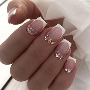 Kunstnagels 24-delig Eenvoudige korte witte Franse vierkante nep met lijm Draagbare glitter Druk op volledige dekking Nageltips