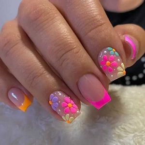 Uñas falsas 24 piezas simples uñas falsas cuadradas simples uñas falsas francesas presionados sobre flores coloridas diseño de la cubierta de la cubierta completa las herramientas de manicura T240507