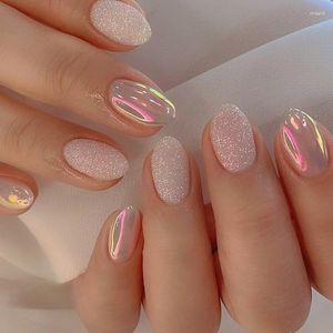 Valse Nagels 24 Stuks Eenvoudig Met Lijm Korte Amandel Nep Glitter Aurora Ronde Kop Volledige Cover Nail Tips Ovale druk Op