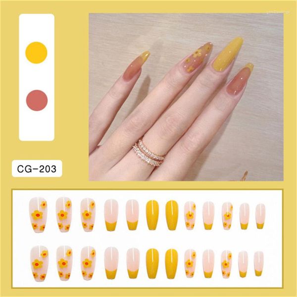 Falsas uñas 24 unids pequeña flor amarilla fresca ballet uñas dedo extraíble realce usable terminado joyería de bricolaje