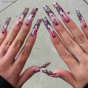 Ups de uñas falsas 24 piezas Patrón de sangre de araña Spider Nails False Party Press en uñas para niñas Mujeres portátiles Manicure Manicure Art Supplies Y240419