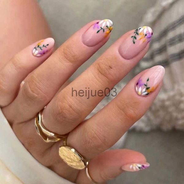 Uñas postizas 24 piezas Flor de primavera Uñas postizas Cortas y completas Cabeza redonda Uñas postizas para mujeres Estilo francés Cubierta completa Prensa en puntas de uñas x0703