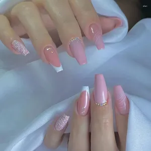 Uñas postizas 24 piezas Cabeza cuadrada Brillo rosa Elegante Cubierta completa Puntas de uñas Reutilizable Prensa falsa francesa corta en herramientas de manicura