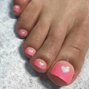 Faux ongles 24 pièces été faux orteil dégradé rose avec décor de coeur ensemble portable appuyez sur la tête carrée pieds complets ongles conseils
