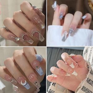 Faux ongles 24 pièces doux longs avec colle tête carrée ongles conseils femmes portable rose paillettes faux presse sur l'art