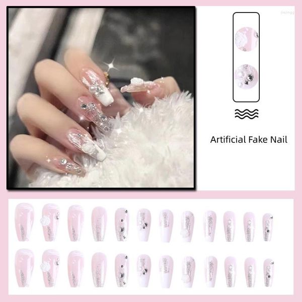 Falsas Nails 24 unids Sweet Pink Nail Parches brillantes Presione en clips Falso Uso Piezas reutilizadas Consejos Herramientas de manicura artística