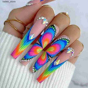 Faux Nails 24pcs Designs de papillons colorés portables portables Presse française sur des ongles Long Ballet Faux Nails avec ramiage acrylique Faux Nails Conseils Y240419 Y240419