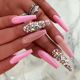 False nagels 24 -stks Wearable nep Long Ballet Pink Flash volledige diamant Franse deksel acryl nagelpuntset druk op faux ongles