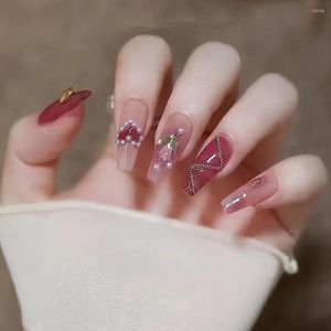 Falsas Nails 24 unids Wearable Falso Blanco Largo T Nail Pearl Love Jelly Chain Hecho a mano Cubierta completa Punta acrílica con pegamento de prensa