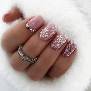 Faux ongles 24 pièces portable rose court carré faux avec diamant paillettes paillettes flocon de neige conception ongles conseils appuyez sur