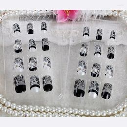 Faux ongles 24pcs mariage style français 3D acrylique classique couleur noire avec fleur blanche faux ongles conseils