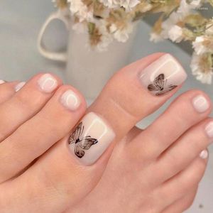 Valse nagels 24 -stcs witte vlinder druk op teen met ontwerpen herbruikbare jelly presd voor voeten nep nail art tips manicure tool