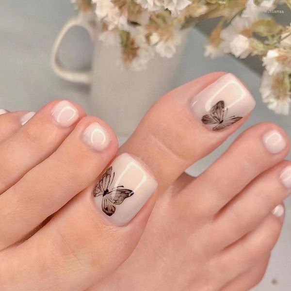 Uñas postizas, 24 Uds., prensa de mariposa blanca en el dedo del pie con diseños, prensa de gelatina reutilizable para pies, puntas de arte de uñas falsas, herramienta de manicura