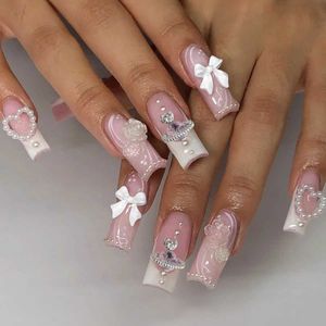 False nagels 24 -stks witte Franse boog nep nagels met kristal parelontwerp valse nagelpatches lange kist ballet dame bruid acryl nagel tips t240507