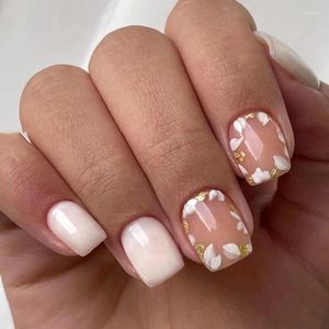 Faux ongles 24pcs dessins d'or blanc presse sur les pointes d'ongles rose artificiel faux carré court français coréen avec