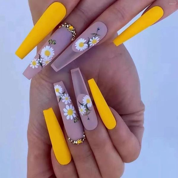 Faux ongles 24 pièces avec fleur jaune strass dessins long cercueil ballerine faux couverture complète pointes d'ongles appuyez sur