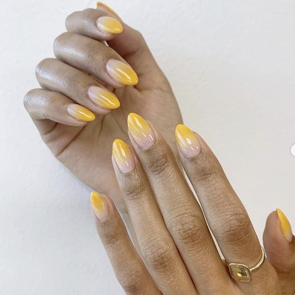 Faux Ongles 24 Pcs Jaune Gradient Designs Court Stiletto Faux Couverture Complète Nail Art Conseils Appuyez Sur Avec De La Colle Manucure Prud22