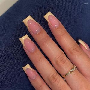 Uñas postizas 24 Uds. Arte de ataúd corto simple amarillo artificial con diseño francés usable cubierta completa falsa prensa en las puntas de las uñas