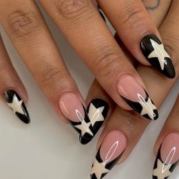 Kunstnagels 24pcsbox Fake Franse y2k Druk op Lange Stiletto Amandelvorm Draagbaar met Sterren Ontwerpen Volledige dekking Nageltips 230922