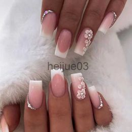 Uñas postizas 24PcsBox Flor Uñas postizas Prensa en las uñas Cabeza cuadrada corta Puntas francesas Juego de uñas Prensa en las uñas Con 24 piezas Pegamento Pegatina Nail Art x0703