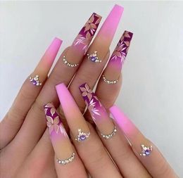 Faux Nails 24pcsbox Gradient Purple Ballerine avec conception de fleur Cercot Fake Nail Patches Presse sur des strass