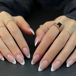 Uñas postizas 24 piezas caja simple borde blanco largo almendra uñas postizas francesas cubierta completa prensa en uñas herramienta de manicura desmontable puntas de uñas DIY 231207